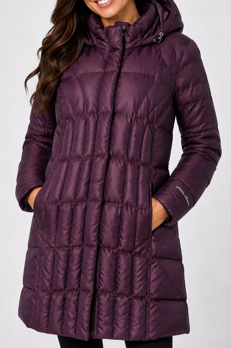 Eddie Bauer Women's M Purple Long Down Coat Hooded Faux Fur Trim Puffer Parka